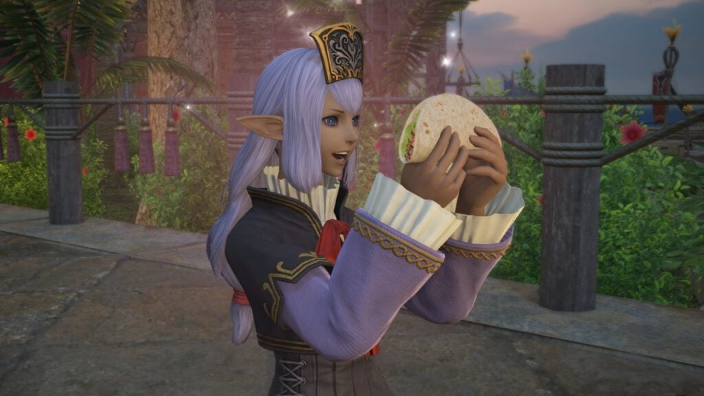 A character in FFXIV eating a taco