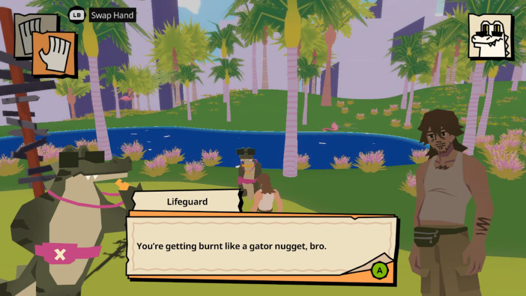 A conversation with an anthropomorphic alligator lifeguard in Floridale Man