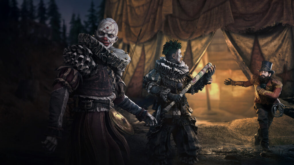 Two sinister clowns stand near the ringmaster outside a circus tent in Hunt: Showdown