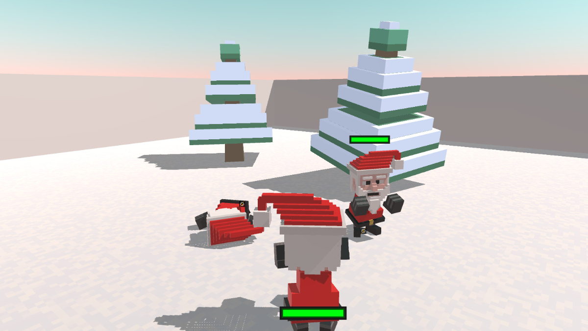 Two blocky Santas do battle while a third lies knocked out in the snow