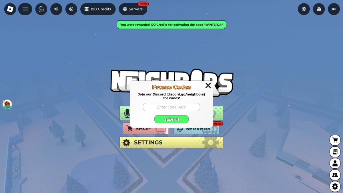 The code redemption screen in Neighbors Roblox