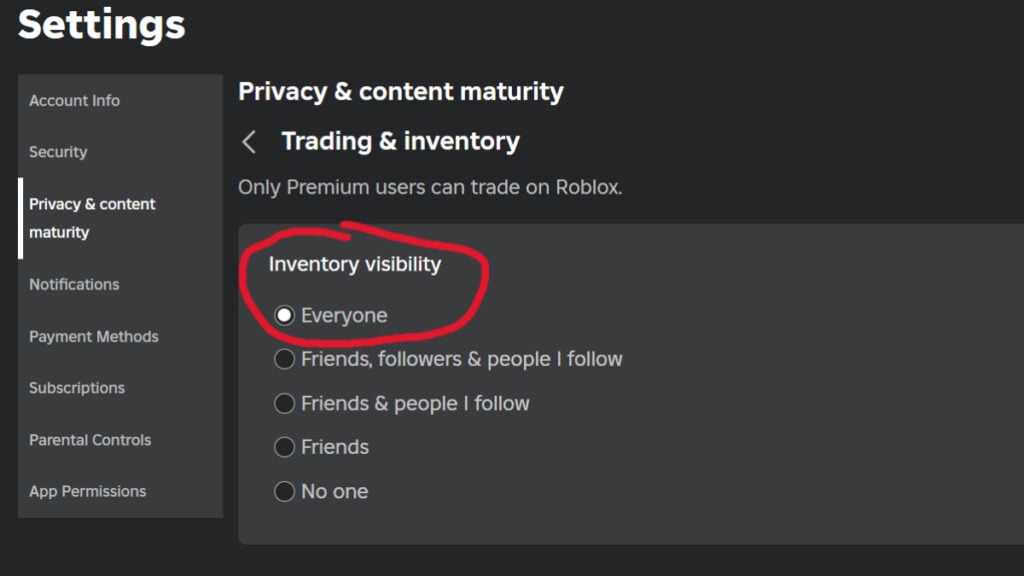 The public inventory toggle in the Roblox game settings