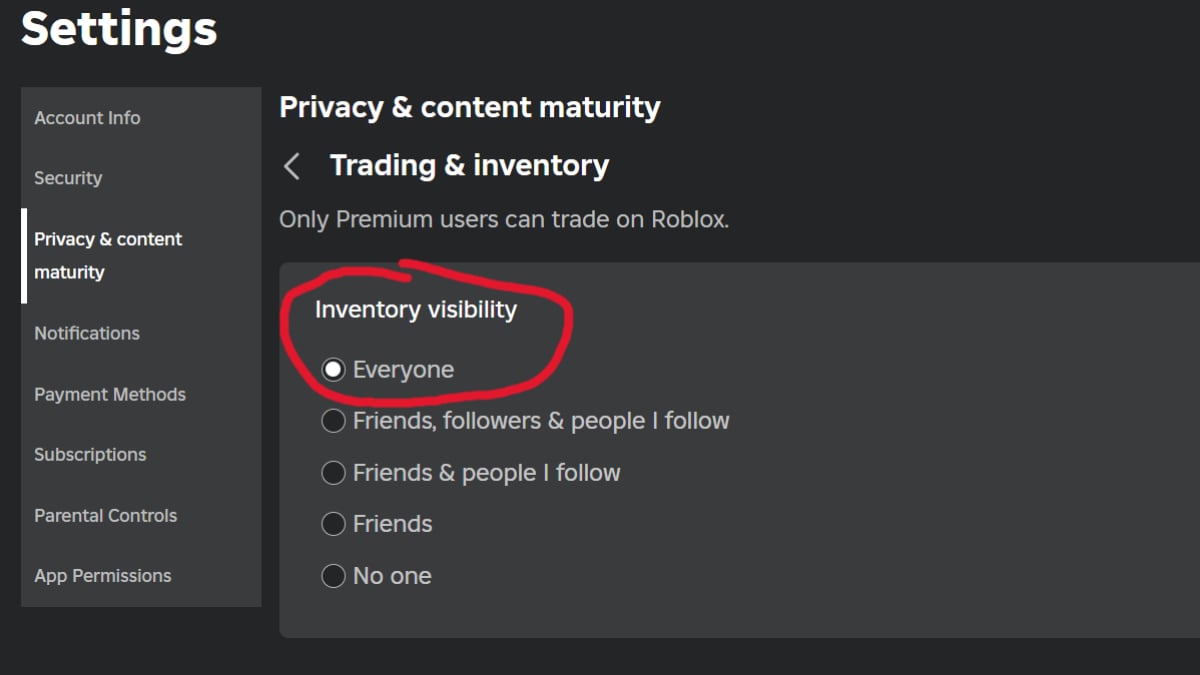 The public inventory toggle in the Roblox game settings