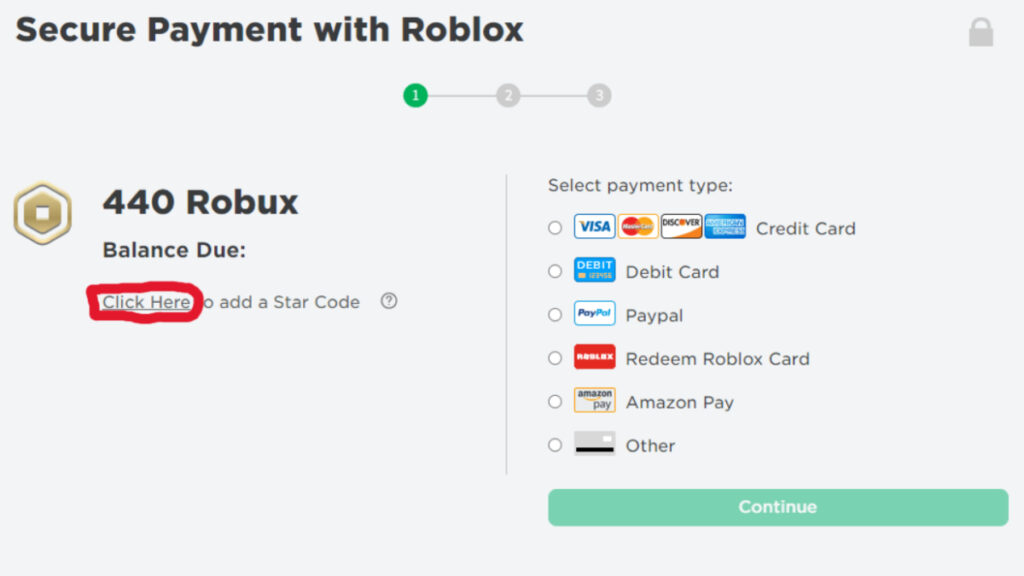 The Roblox Star Code entry screen with the redemption link circled
