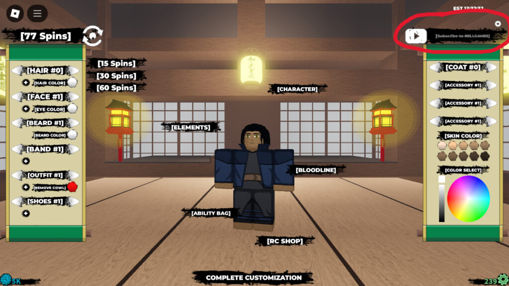 The code entry and character customization screen from Shindo Life