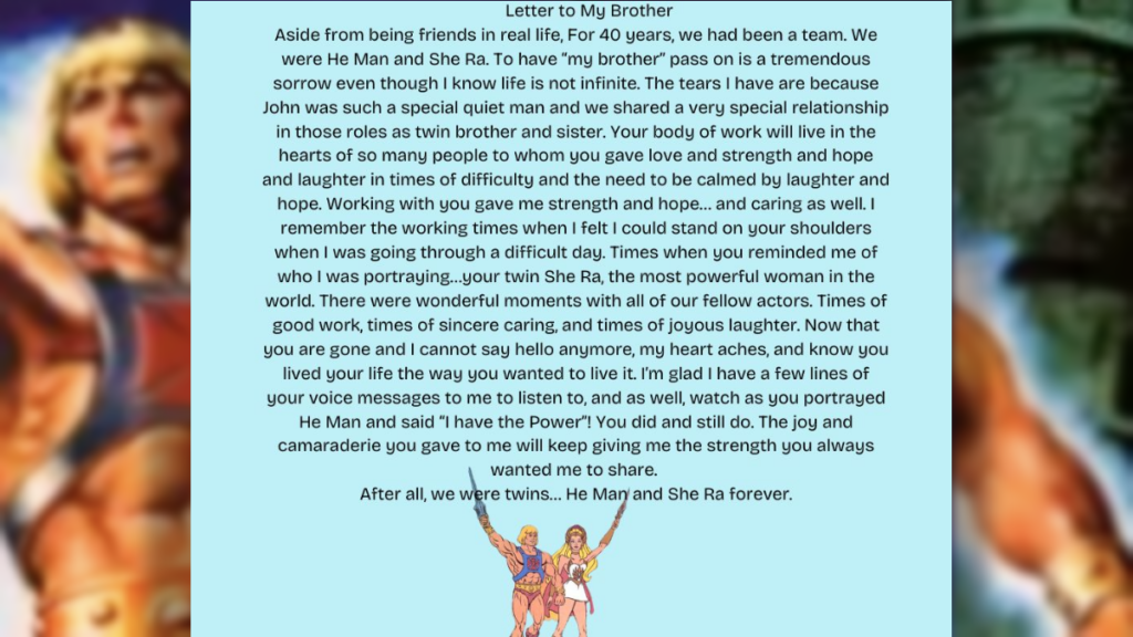 A Letter to My Brother Tribute from She-Ra VA to He-Man John Erwin