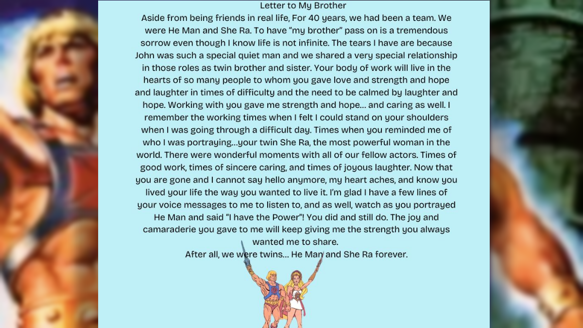 A Letter to My Brother Tribute from She-Ra VA to He-Man John Erwin