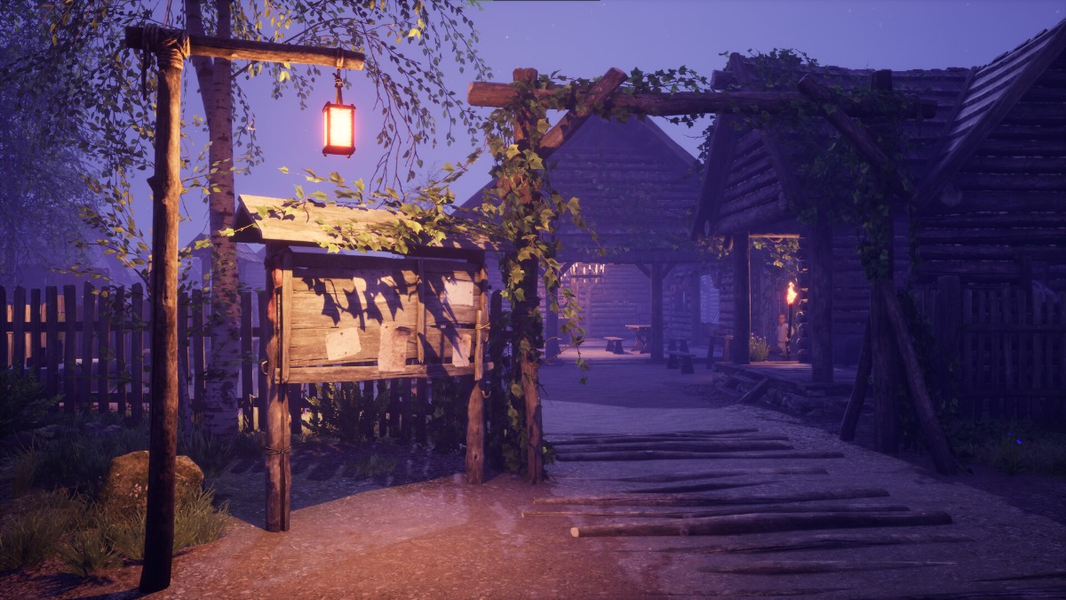 A lantern shines in the pale purple night in Medieval Dynasty, one of the top games featured in the Steam Feudal Festival sale