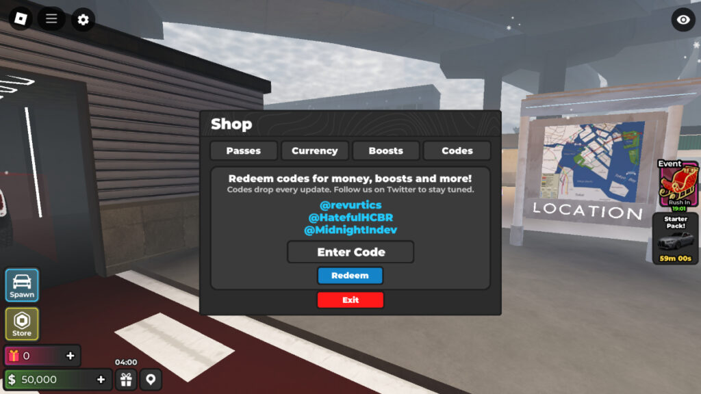 The code redemption screen in Midnight Chasers Roblox