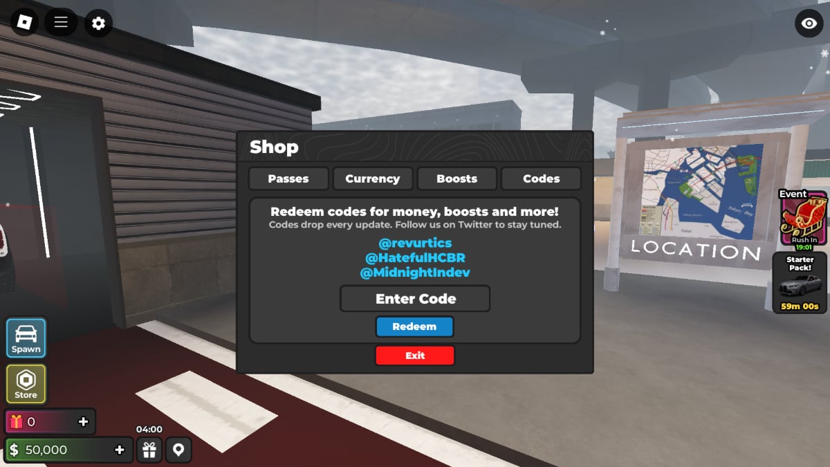 The code redemption screen in Midnight Chasers Roblox