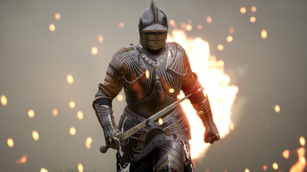 A knight strides forth from the flames in Mordhau, one of the best games in the Steam Feudal Festival sale