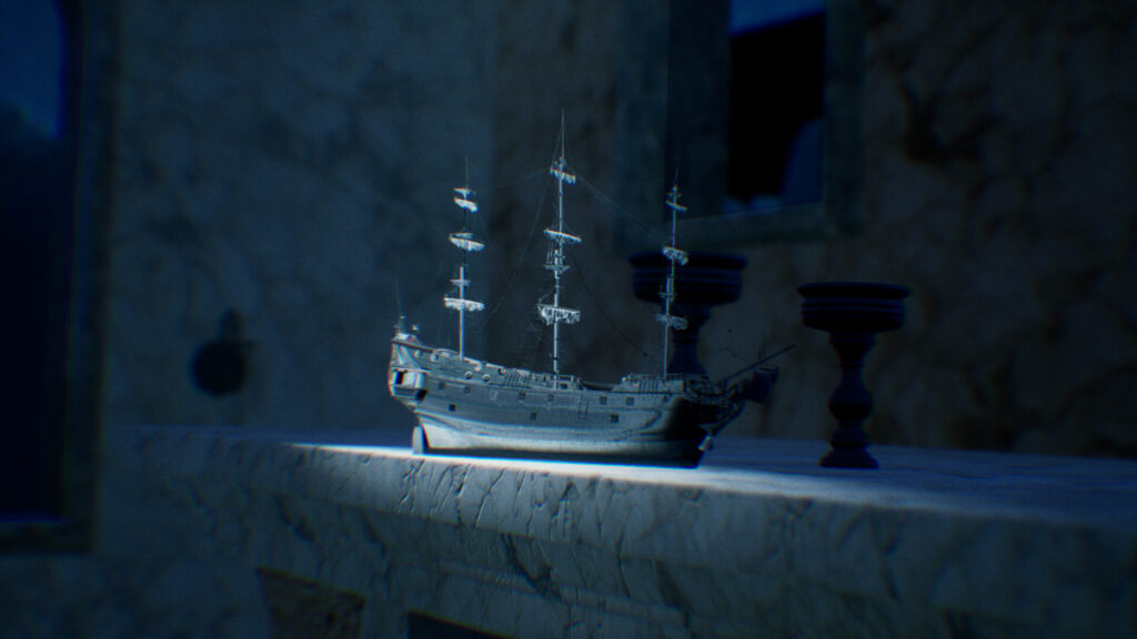 An ominous toy pirate ship sits on a shelf in Pirates Never Die