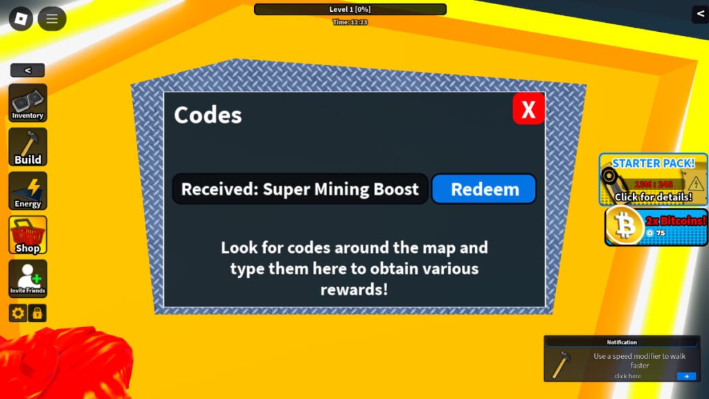 The code redemption screen in Roblox Bitcoin Miner