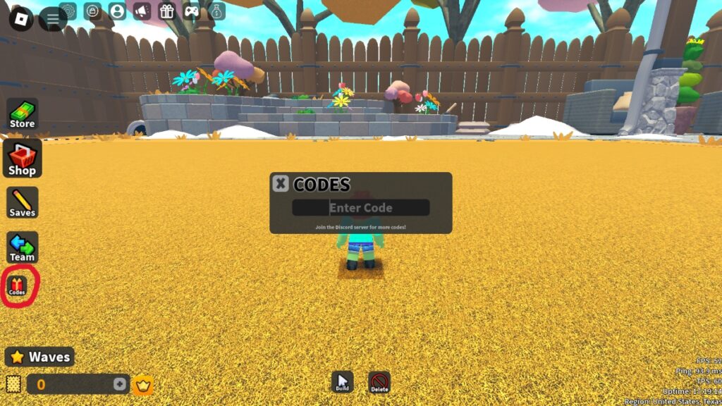 The Roblox Toy Defense code entry screen