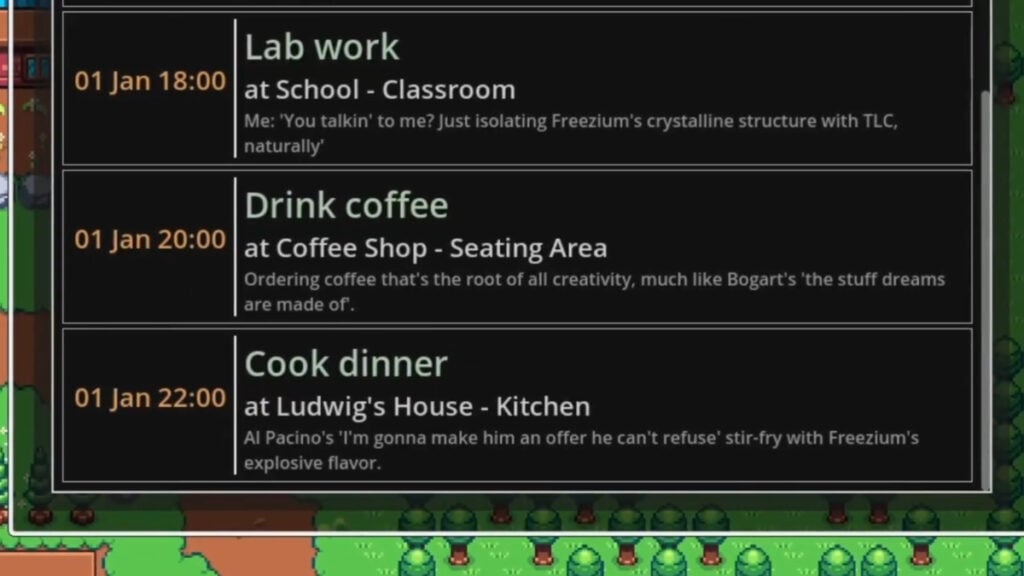 Movie quotes featured in an NPC's daily schedule thanks to Studio Atelico's dream injection feature