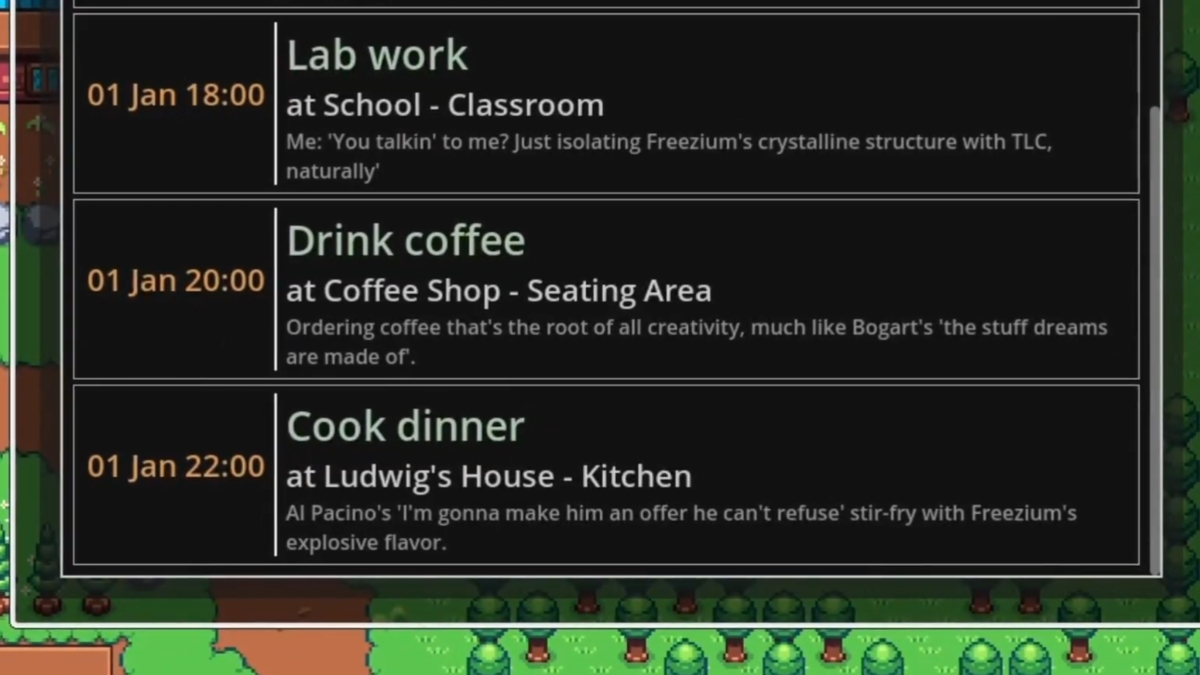 Movie quotes featured in an NPC's daily schedule thanks to Studio Atelico's dream injection feature