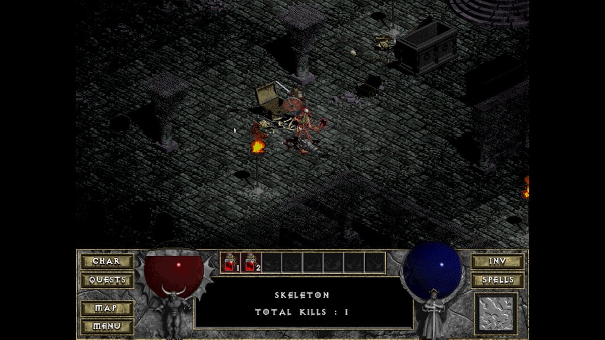 fighting skeletons as a warrior in diablo 1