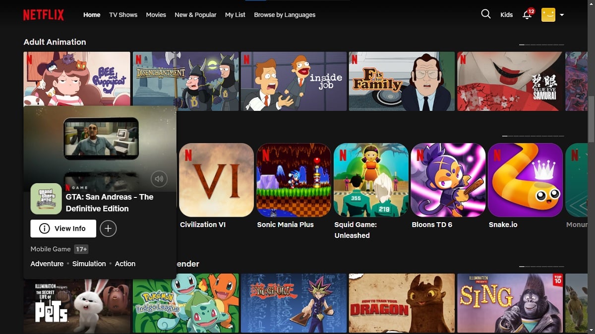 A list of content on Netflix and library of Netflix games
