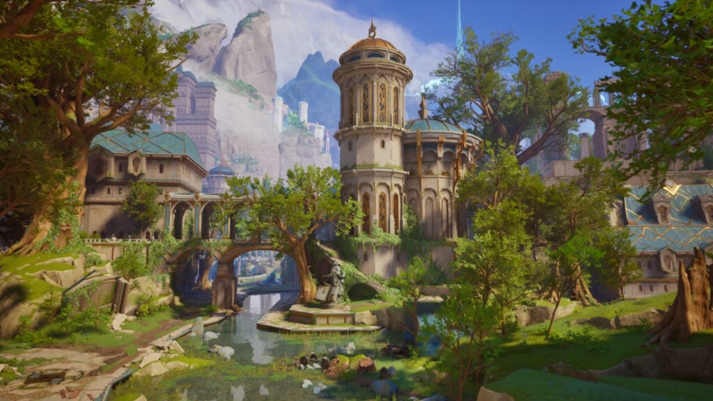 A lush, desolate city, with a river running between its overgrown buildings