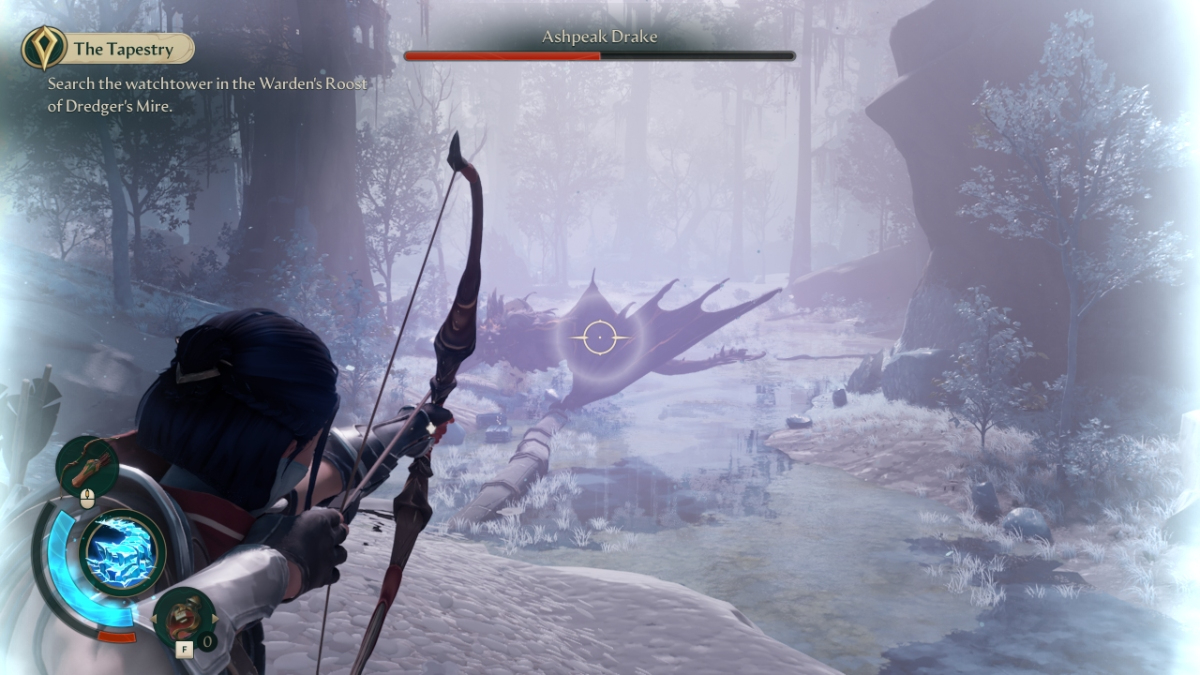 Icy creeps inward from the edges of the screen as Brynn lines up a bow shot on a distant drake