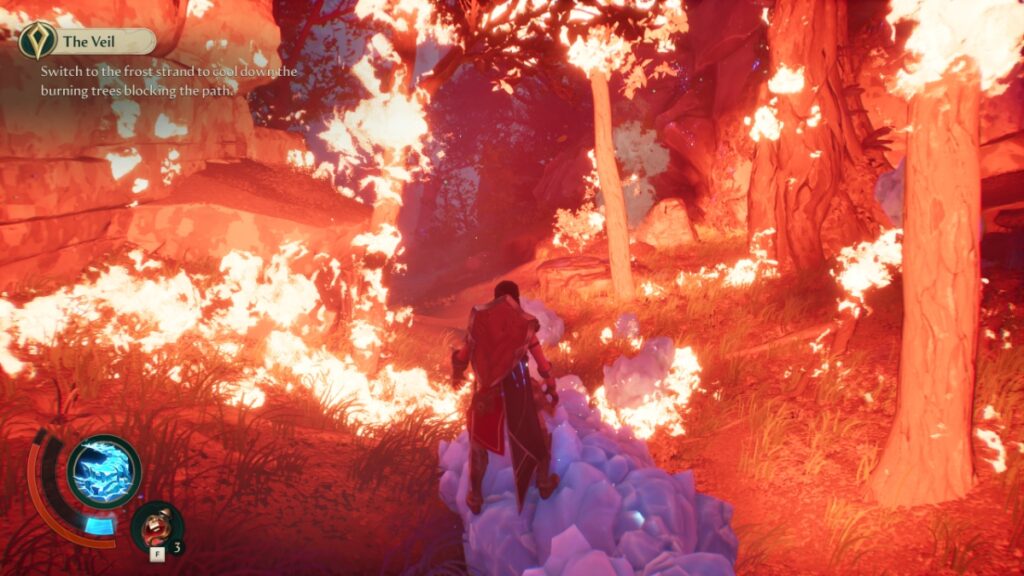 Brynn creates an ice bridge to cross a burning forest safely in Eternal Strands