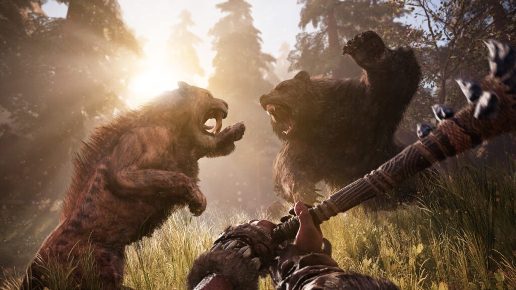 A bear and sabertooth tiger clash in Far Cry Primal