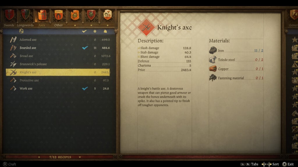 Knight's Axe Recipe