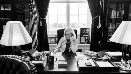 Liz Cheney Calls Elon Musk Out on X for Critique of USAID: ‘You May Be Unfamiliar With That Part of Our History Since You Weren’t Yet an American Citizen’ A black and white picture of Liz Cheny on the phone in her office