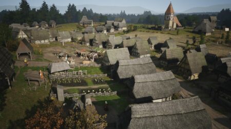 Manor Lords Can Build Its Next Castle Out of Money After Hitting Three Million Early Access Sales A bird-eye view of village rootops in Manor Lords