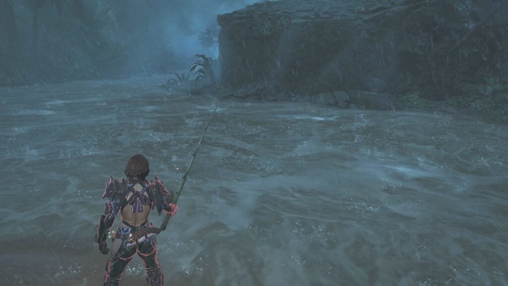How To Fish in Monster Hunter Wilds A hunter casts their rod into a stormy lake in Monster Hunter Wilds