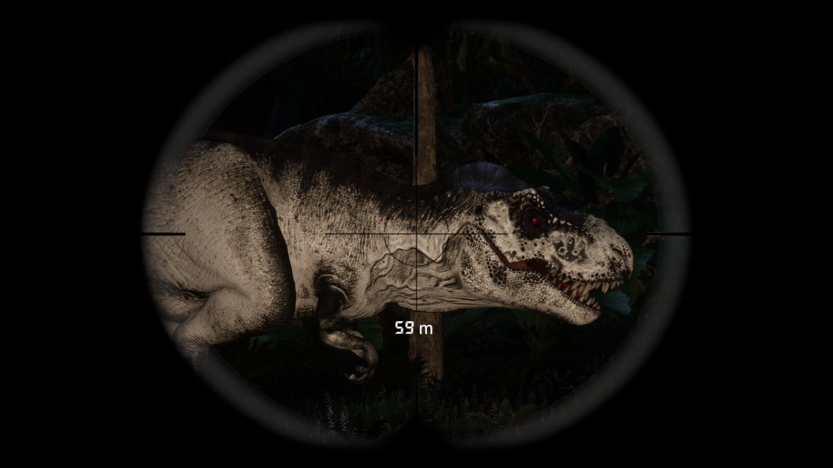 A T-Rex in the scope of a rifle in Prehistoric Hunt