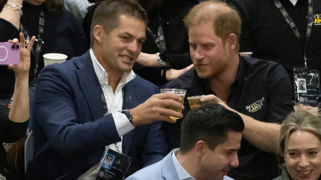 Prince Harry and Richie McCaw enjoy a beer at the 2025 Invictus Games Rugby final on Valentine's Eve.
