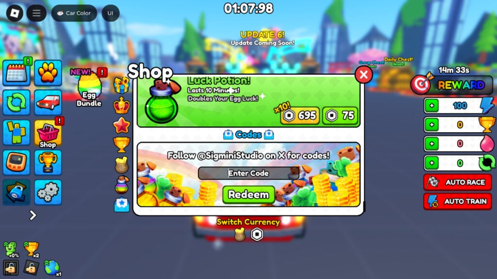 The code redemption menu in Roblox Car Training