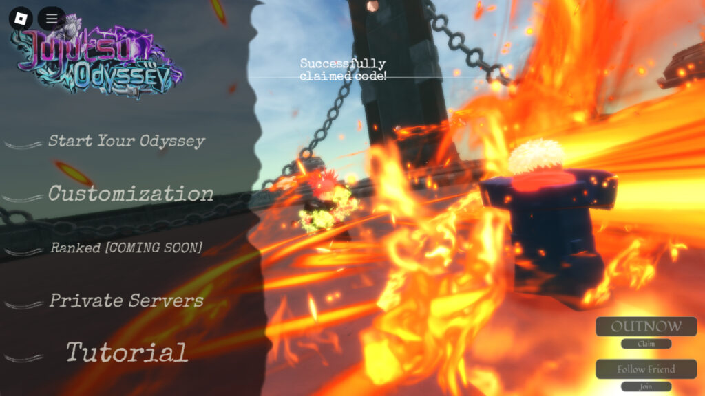 The code redemption screen for Roblox Jujutsu Odyssey, featuring a flaming battle