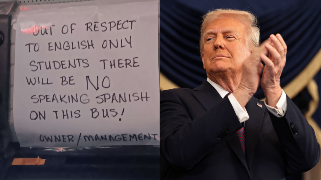 Pennsylvania Bus Driver Enforces Students to Only Speak English With ‘No Speaking Spanish’ Sign: ‘Welcome to Trump’s America’ Sign banning students from speaking Spanish on a Juniata County School District bus and Donald Trump clapping