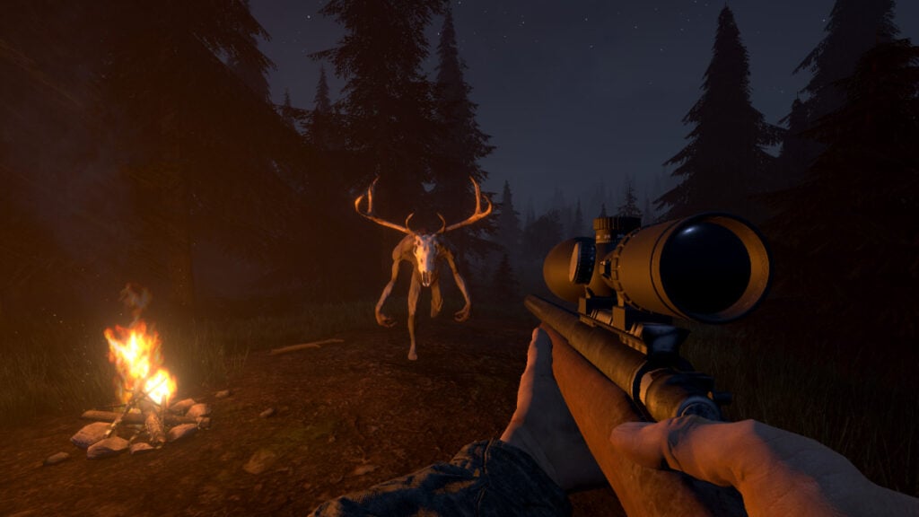 A cryptid with antlers and a bone white face charges at the player in Skinwalker Hunt