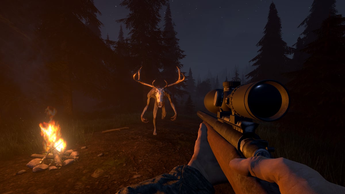 A cryptid with antlers and a bone white face charges at the player in Skinwalker Hunt
