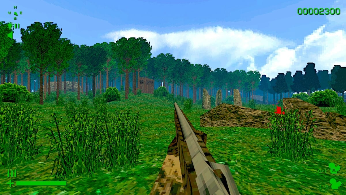 The player stalks through a field with their rifle in Squirrel Stapler