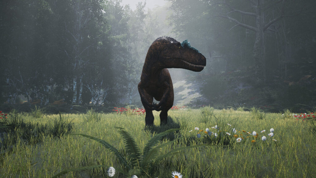 A dinosaur prowls an open field beside a forest in The Isle