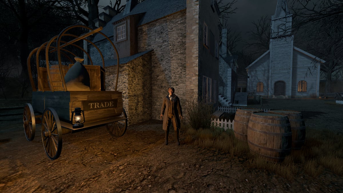 A trader stands beside a lantern-lit wagon in Witch Hunt