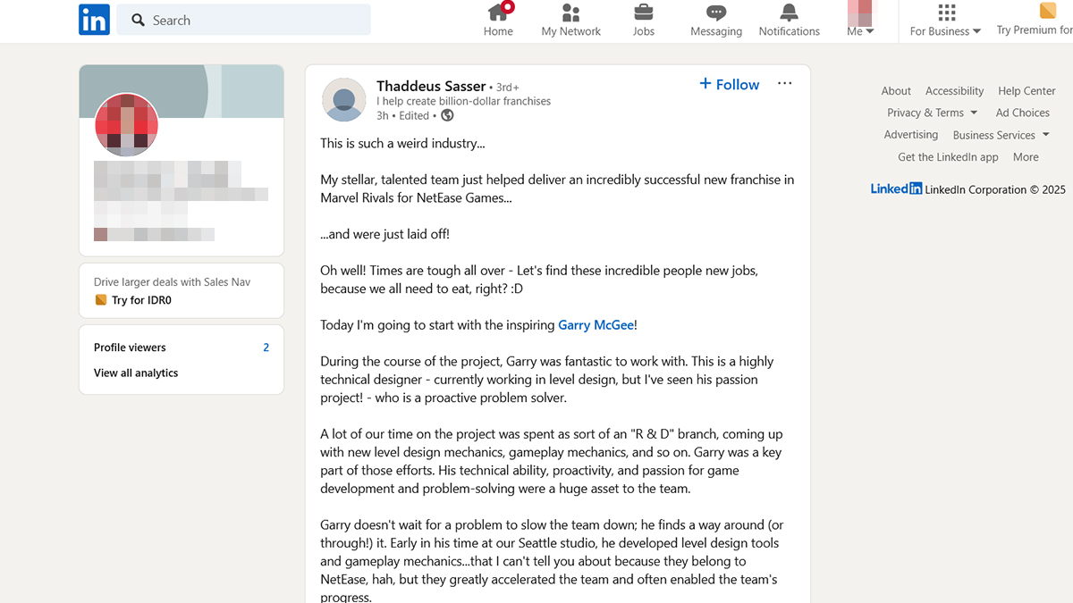 Marvel Rivals game designer being laid off