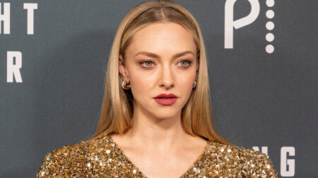 Actress Amanda Seyfried in a red dress on the red carpet.