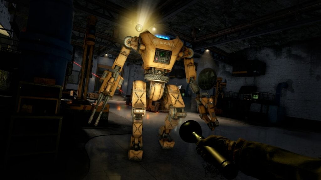 A yellow B.A.R.D. robot looms over the player in an underground bunker in Atomfall