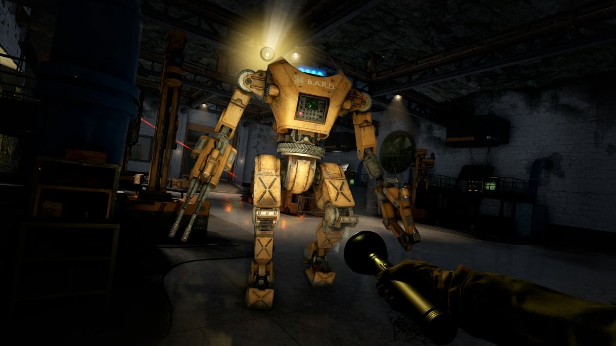 A yellow B.A.R.D. robot looms over the player in an underground bunker in Atomfall