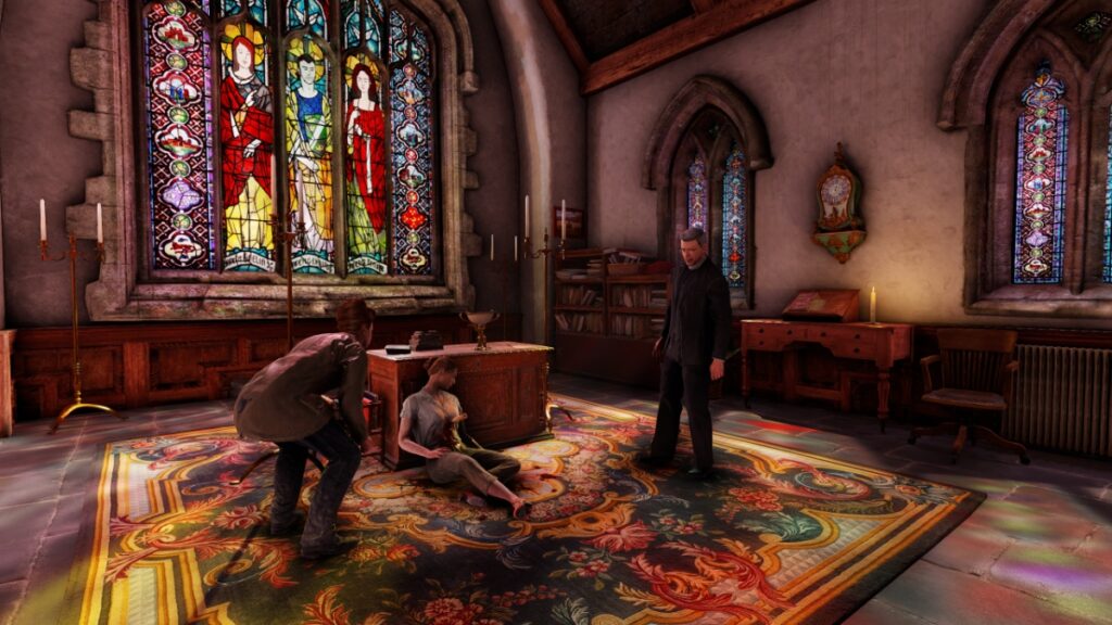A priest stands over a corpse in a church