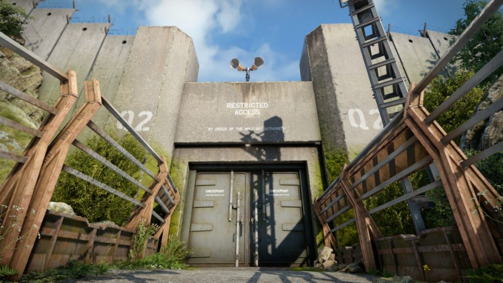 An intimidating concrete bunker marked "Restricted Area" in Atomfall