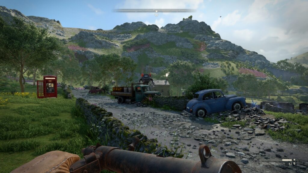 The player uses a stone wall to hide from a giant robot with a flamethrower