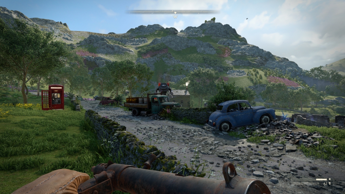 The player uses a stone wall to hide from a giant robot with a flamethrower