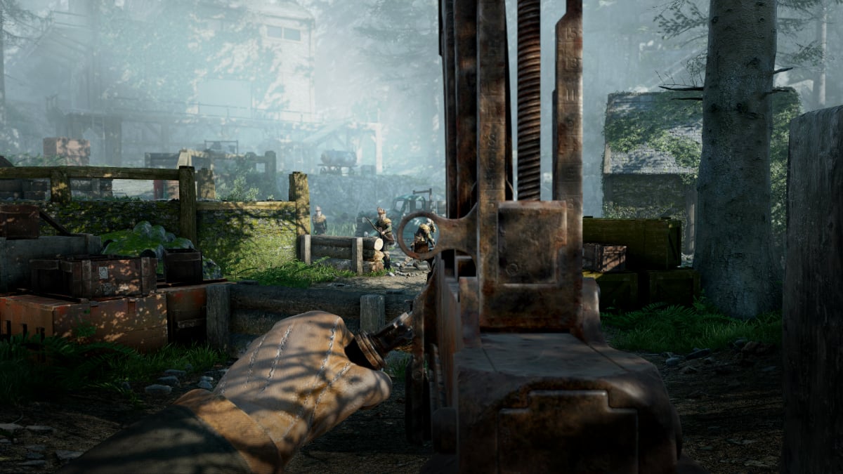 The player shoots at cultists by mossy ruins outside in Atomfall