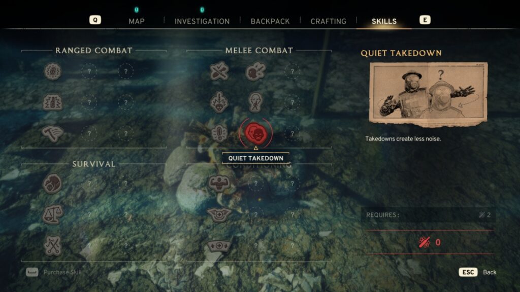 The skills tree featuring the Quiet Takedown ability in Atomfall
